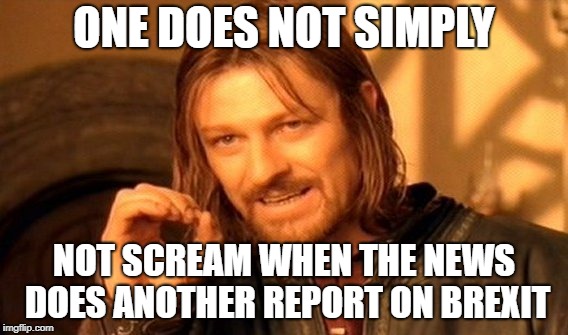 One Does Not Simply Meme | ONE DOES NOT SIMPLY; NOT SCREAM WHEN THE NEWS DOES ANOTHER REPORT ON BREXIT | image tagged in memes,one does not simply | made w/ Imgflip meme maker