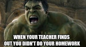 hulk smash | WHEN YOUR TEACHER FINDS OUT YOU DIDN'T DO YOUR HOMEWORK | image tagged in hulk smash you grades to zero | made w/ Imgflip meme maker