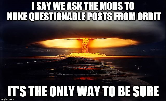 I SAY WE ASK THE MODS TO NUKE QUESTIONABLE POSTS FROM ORBIT; IT'S THE ONLY WAY TO BE SURE | made w/ Imgflip meme maker