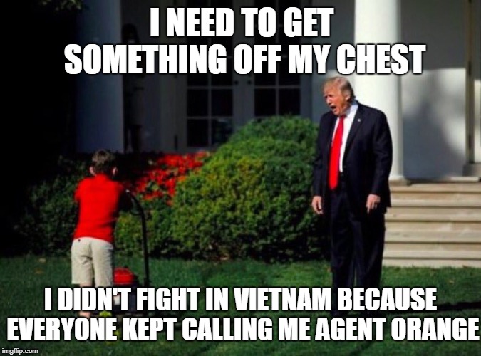 Trump yells at lawnmower kid | I NEED TO GET SOMETHING OFF MY CHEST; I DIDN'T FIGHT IN VIETNAM BECAUSE EVERYONE KEPT CALLING ME AGENT ORANGE | image tagged in trump yells at lawnmower kid,donald trump,memes | made w/ Imgflip meme maker
