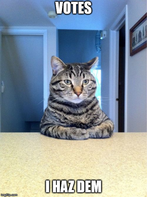 Take A Seat Cat Meme | VOTES; I HAZ DEM | image tagged in memes,take a seat cat | made w/ Imgflip meme maker