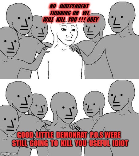 NPC Wojak 2 | NO    INDEPENDENT     THINKING 
OR    WE    WILL   KILL   YOU  ! ! !  OBEY; GOOD  LITTLE  DEMONRAT  P.O.S
WERE  STILL  GOING  TO  KILL  YOU  USEFUL  IDIOT | image tagged in npc wojak 2 | made w/ Imgflip meme maker