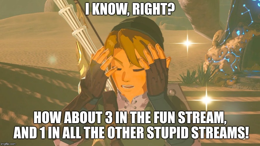 Link WTF | I KNOW, RIGHT? HOW ABOUT 3 IN THE FUN STREAM, AND 1 IN ALL THE OTHER STUPID STREAMS! | image tagged in link wtf | made w/ Imgflip meme maker