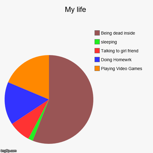 My life | Playing Video Games, Doing Homewrk, Talking to girl friend, sleeping, Being dead inside | image tagged in funny,pie charts | made w/ Imgflip chart maker