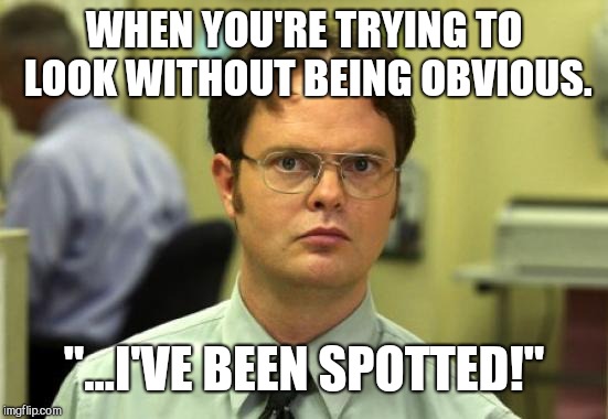 Mutual Omaha's Office Documentary | WHEN YOU'RE TRYING TO LOOK WITHOUT BEING OBVIOUS. "...I'VE BEEN SPOTTED!" | image tagged in memes,dwight schrute,spotted,the office,work,what is that | made w/ Imgflip meme maker