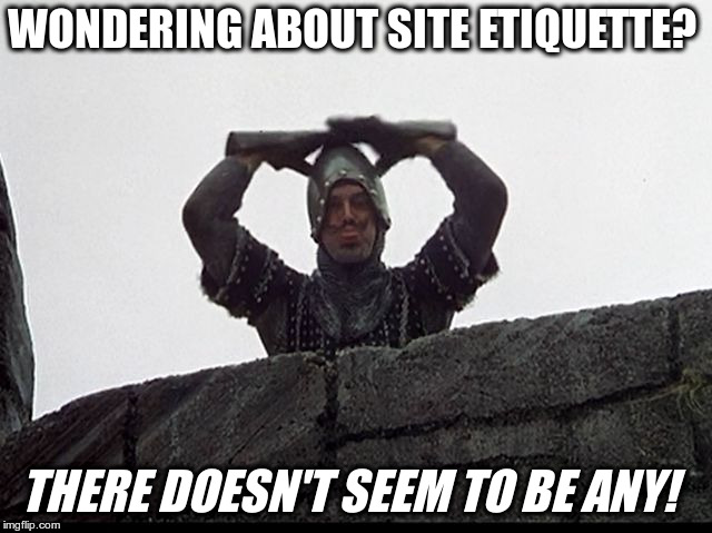Site Etiquette? Anyone? Anyone? | WONDERING ABOUT SITE ETIQUETTE? THERE DOESN'T SEEM TO BE ANY! | image tagged in taunting french guard,site etiquette,helmet tip to giveuahint | made w/ Imgflip meme maker