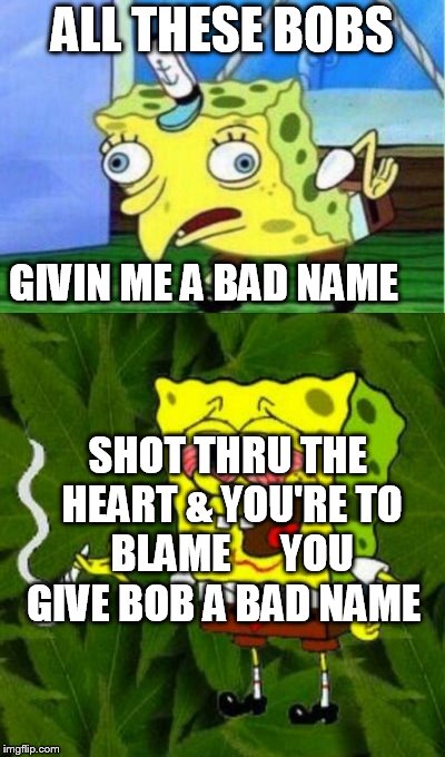 ALL THESE BOBS GIVIN ME A BAD NAME SHOT THRU THE HEART & YOU'RE TO BLAME  



YOU GIVE BOB A BAD NAME | made w/ Imgflip meme maker