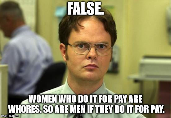 Dwight Schrute Meme | FALSE. WOMEN WHO DO IT FOR PAY ARE W**RES. SO ARE MEN IF THEY DO IT FOR PAY. | image tagged in memes,dwight schrute | made w/ Imgflip meme maker