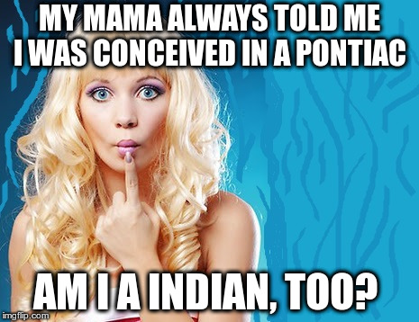 Backseat Native American?
 | MY MAMA ALWAYS TOLD ME I WAS CONCEIVED IN A PONTIAC; AM I A INDIAN, TOO? | image tagged in ditzy blonde,funny,pontiac,backseat,native american | made w/ Imgflip meme maker