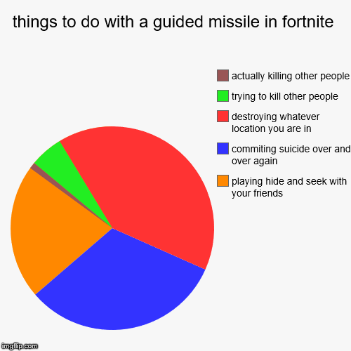 things to do with a guided missile in fortnite | playing hide and seek with your friends, commiting suicide over and over again, destroying  | image tagged in funny,pie charts | made w/ Imgflip chart maker