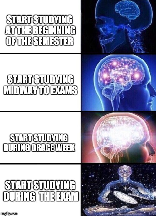 Expanding Brain | START STUDYING AT THE BEGINNING OF THE SEMESTER; START STUDYING MIDWAY TO EXAMS; START STUDYING DURING GRACE WEEK; START STUDYING DURING  THE EXAM | image tagged in expanding brain | made w/ Imgflip meme maker