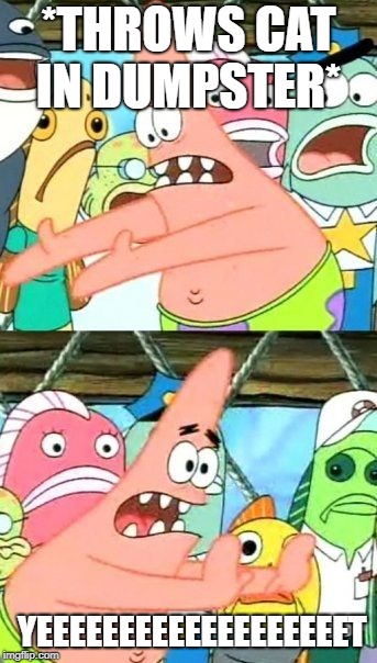 Put It Somewhere Else Patrick | *THROWS CAT IN DUMPSTER*; YEEEEEEEEEEEEEEEEEEET | image tagged in memes,put it somewhere else patrick | made w/ Imgflip meme maker