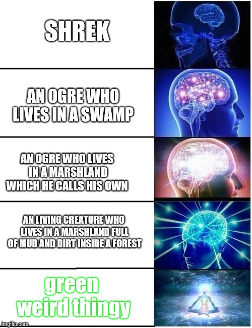 Expanding Brain 5 Panel | SHREK; AN OGRE WHO LIVES IN A SWAMP; AN OGRE WHO LIVES IN A MARSHLAND WHICH HE CALLS HIS OWN; AN LIVING CREATURE WHO LIVES IN A MARSHLAND FULL OF MUD AND DIRT INSIDE A FOREST; green weird thingy | image tagged in expanding brain 5 panel | made w/ Imgflip meme maker
