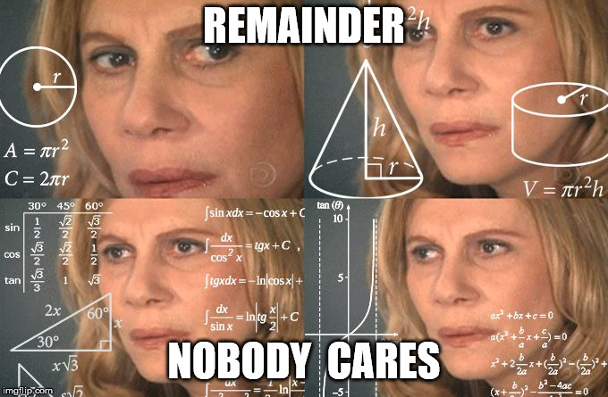 Calculating meme | REMAINDER NOBODY  CARES | image tagged in calculating meme | made w/ Imgflip meme maker
