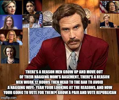 ron burgundy | THERE'S A REASON MEN GROW UP AND MOVE OUT OF THEIR NAGGING MOM'S BASEMENT, THERE'S A REASON; MEN WORK 12 HOURS THEN HEAD TO THE BAR TO AVOID A NAGGING WIFE- YEAH YOUR LOOKING AT THE REASONS, AND NOW YOUR GOING TO VOTE FOR THEM?! GROW A PAIR AND VOTE REPUBLICAN | image tagged in ron burgundy | made w/ Imgflip meme maker