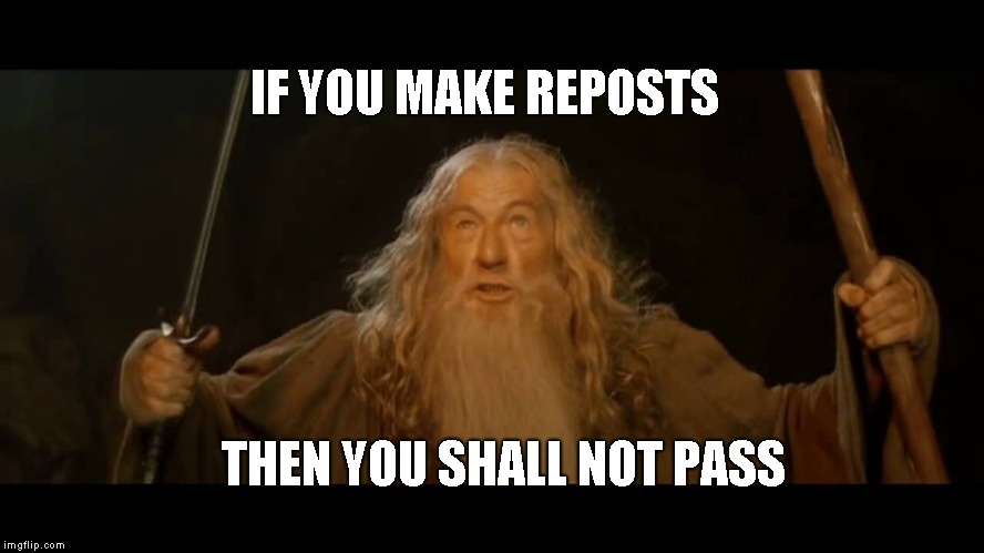 Gandalf - you shall not pass | IF YOU MAKE REPOSTS; THEN YOU SHALL NOT PASS | image tagged in gandalf - you shall not pass | made w/ Imgflip meme maker
