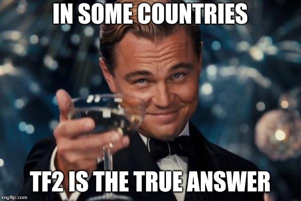 Leonardo Dicaprio Cheers Meme | IN SOME COUNTRIES; TF2 IS THE TRUE ANSWER | image tagged in memes,leonardo dicaprio cheers | made w/ Imgflip meme maker