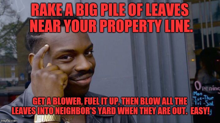 Roll Safe Think About It | RAKE A BIG PILE OF LEAVES NEAR YOUR PROPERTY LINE. GET A BLOWER, FUEL IT UP, THEN BLOW ALL THE LEAVES INTO NEIGHBOR'S YARD WHEN THEY ARE OUT.  EASY! | image tagged in memes,roll safe think about it | made w/ Imgflip meme maker