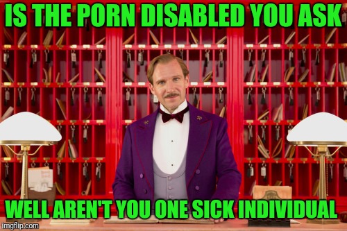 Grand Budapest Hotel | IS THE PORN DISABLED YOU ASK; WELL AREN'T YOU ONE SICK INDIVIDUAL | image tagged in grand budapest hotel | made w/ Imgflip meme maker
