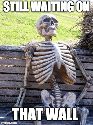 Waiting Skeleton | STILL WAITING ON; THAT WALL | image tagged in memes,waiting skeleton | made w/ Imgflip meme maker