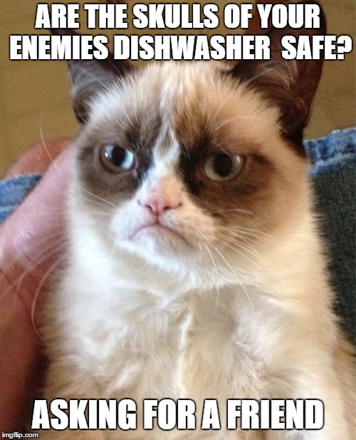 Grumpy Cat Meme | ARE THE SKULLS OF YOUR ENEMIES DISHWASHER  SAFE? ASKING FOR A FRIEND | image tagged in memes,grumpy cat,random | made w/ Imgflip meme maker