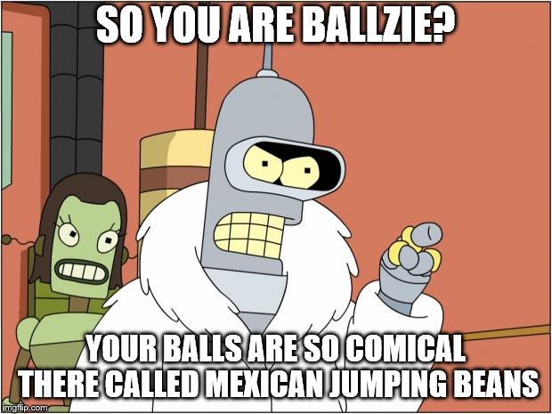 Bender | SO YOU ARE BALLZIE? YOUR BALLS ARE SO COMICAL THERE CALLED MEXICAN JUMPING BEANS | image tagged in memes,bender | made w/ Imgflip meme maker