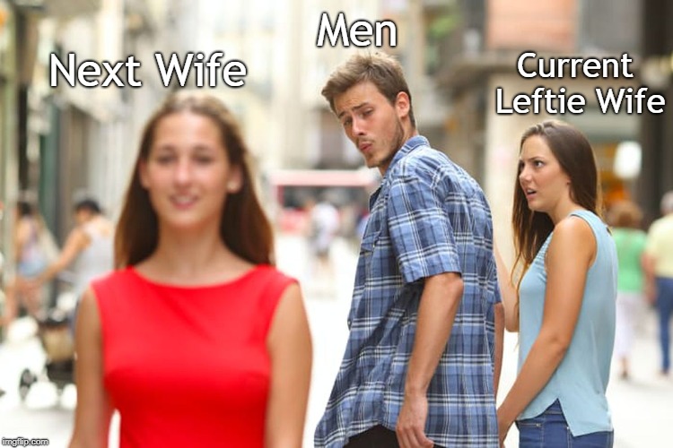 Distracted Boyfriend | Men; Current Leftie Wife; Next Wife | image tagged in memes,distracted boyfriend | made w/ Imgflip meme maker