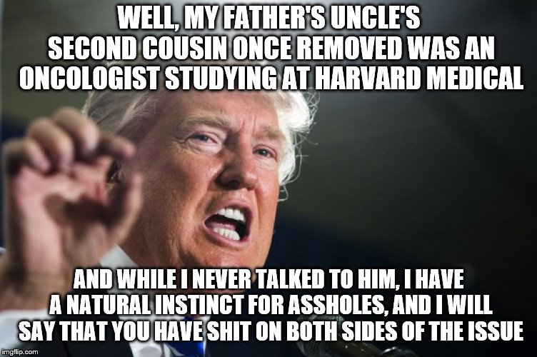 donald trump | WELL, MY FATHER'S UNCLE'S SECOND COUSIN ONCE REMOVED WAS AN ONCOLOGIST STUDYING AT HARVARD MEDICAL AND WHILE I NEVER TALKED TO HIM, I HAVE A | image tagged in donald trump | made w/ Imgflip meme maker