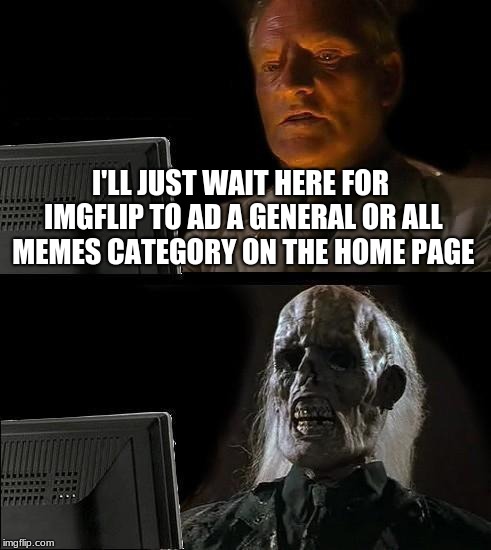 I like what they did but I still would a least ike to see an all memes thing so I can get some variety | I'LL JUST WAIT HERE FOR IMGFLIP TO AD A GENERAL OR ALL MEMES CATEGORY ON THE HOME PAGE | image tagged in i'll just wait here guy,general,all memes,categories | made w/ Imgflip meme maker