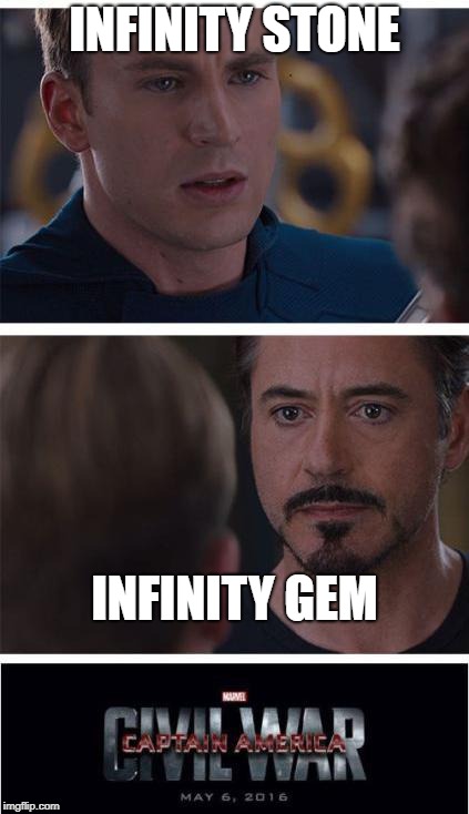 Marvel Civil War 1 | INFINITY STONE; INFINITY GEM | image tagged in memes,marvel civil war 1 | made w/ Imgflip meme maker