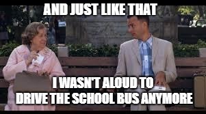 forrest gump box of chocolates | AND JUST LIKE THAT; I WASN'T ALOUD TO DRIVE THE SCHOOL BUS ANYMORE | image tagged in forrest gump box of chocolates | made w/ Imgflip meme maker