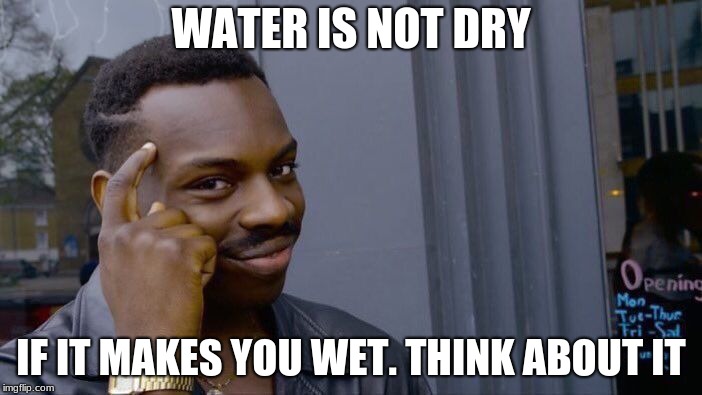 water:think about it | WATER IS NOT DRY; IF IT MAKES YOU WET. THINK ABOUT IT | image tagged in memes,roll safe think about it | made w/ Imgflip meme maker