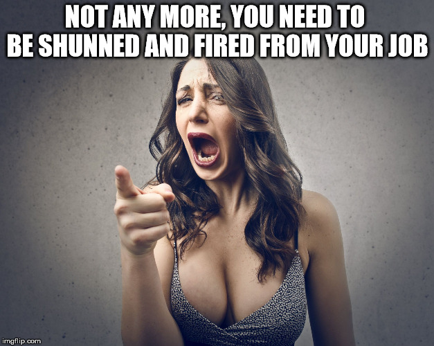 NOT ANY MORE, YOU NEED TO BE SHUNNED AND FIRED FROM YOUR JOB | image tagged in crazy girl | made w/ Imgflip meme maker