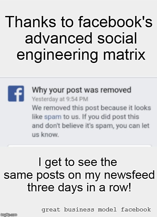 facebook Love | Thanks to facebook's advanced social engineering matrix; I get to see the same posts on my newsfeed three days in a row! great business model facebook | image tagged in facebook facists,spam,newsfeed,censorship,social engineering,cultural meddling | made w/ Imgflip meme maker