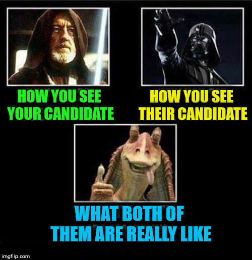 How people look at politics and what they should realize. | HOW YOU SEE THEIR CANDIDATE; HOW YOU SEE YOUR CANDIDATE; WHAT BOTH OF THEM ARE REALLY LIKE | image tagged in memes,political meme,star wars,funny,jar jar binks,candidates | made w/ Imgflip meme maker