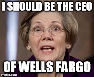 Full Retard Senator Elizabeth Warren | I SHOULD BE THE CEO; OF WELLS FARGO | image tagged in full retard senator elizabeth warren | made w/ Imgflip meme maker