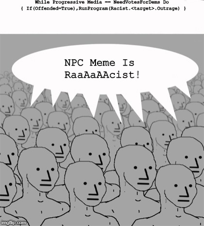 NPC Bot Program | While Progressive Media == NeedVotesForDems Do { If(Offended=True),RunProgram(Racist.<target>.Outrage) }; NPC Meme Is RaaAaAAcist! | image tagged in npcprogramscreed,meme,npc | made w/ Imgflip meme maker