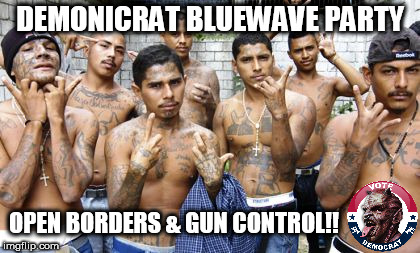 #DEMONICRATS #BLUEWAVE PARTY= Open Borders & Gun Control! #ICE? HELL NO! The Democrats: Not your daddy's old party Anymore! | DEMONICRAT BLUEWAVE PARTY; OPEN BORDERS & GUN CONTROL!! | image tagged in ms13,gun control,open borders,blue wave,democratic convention,the great awakening | made w/ Imgflip meme maker