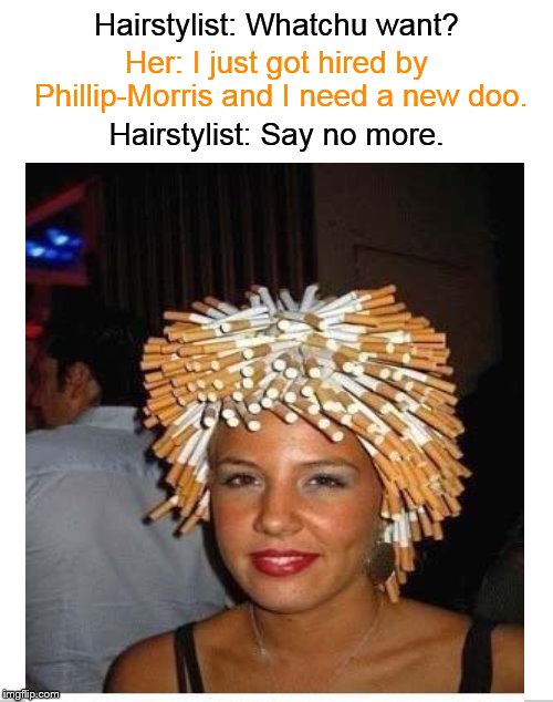Meanwhile, at the Hair Salon.... | Hairstylist: Whatchu want? Her: I just got hired by Phillip-Morris and I need a new doo. Hairstylist: Say no more. | image tagged in hairstyle,hair,funny haircut,beauty shop,hair salon | made w/ Imgflip meme maker