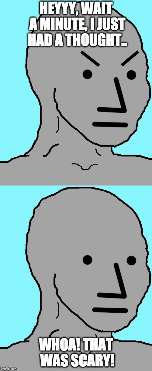 npc thought | HEYYY, WAIT A MINUTE, I JUST HAD A THOUGHT.. WHOA! THAT WAS SCARY! | image tagged in npc | made w/ Imgflip meme maker