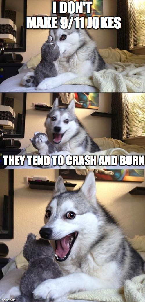 Bad Joke Dog | I DON'T MAKE 9/11 JOKES; THEY TEND TO CRASH AND BURN | image tagged in bad joke dog,memes,funny,9/11,dark humor,dank memes | made w/ Imgflip meme maker