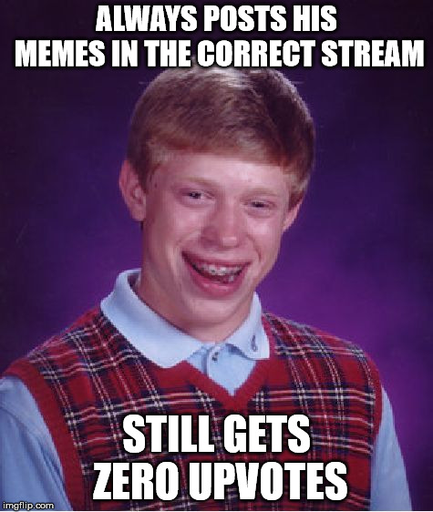 Bad Luck Brian | ALWAYS POSTS HIS MEMES IN THE CORRECT STREAM; STILL GETS ZERO UPVOTES | image tagged in memes,bad luck brian | made w/ Imgflip meme maker