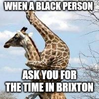 scared giraffe | WHEN A BLACK PERSON; ASK YOU FOR THE TIME IN BRIXTON | image tagged in scared giraffe | made w/ Imgflip meme maker