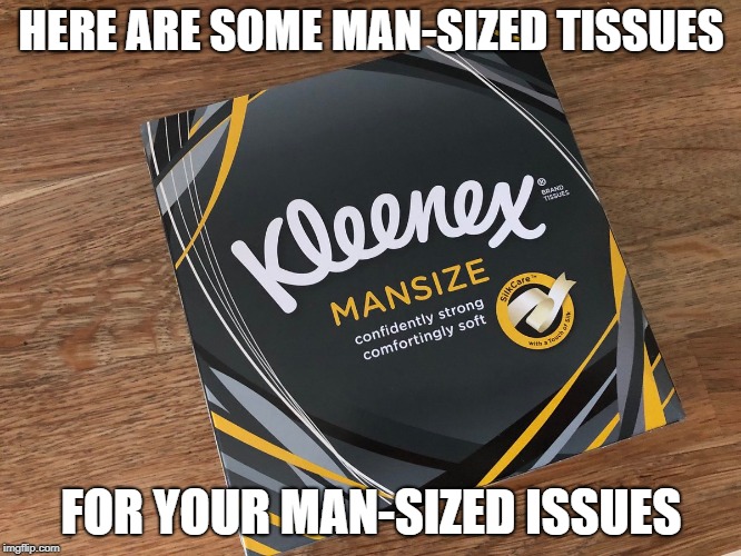 Man-sized tissues for your Man-sized issues  | HERE ARE SOME MAN-SIZED TISSUES; FOR YOUR MAN-SIZED ISSUES | image tagged in fun,men,bro,triggered feminist | made w/ Imgflip meme maker