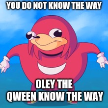 YOU DO NOT KNOW THE WAY; OLEY THE QWEEN KNOW THE WAY | image tagged in lol so funny | made w/ Imgflip meme maker