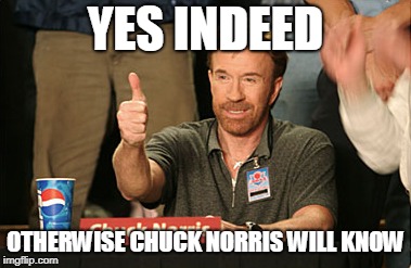 Chuck Norris Approves Meme | YES INDEED OTHERWISE CHUCK NORRIS WILL KNOW | image tagged in memes,chuck norris approves,chuck norris | made w/ Imgflip meme maker