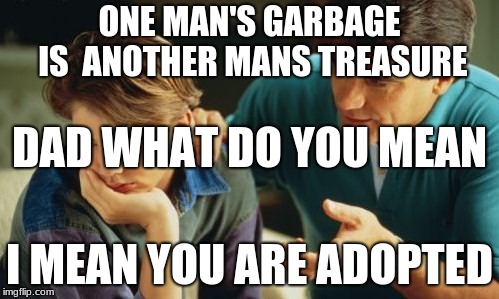 treasure | ONE MAN'S GARBAGE IS 
ANOTHER MANS TREASURE; DAD WHAT DO YOU MEAN; I MEAN YOU ARE ADOPTED | image tagged in father son,dylanthepickle,road to 6000,bigsmoooke,suck it ray dog | made w/ Imgflip meme maker