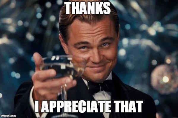 Leonardo Dicaprio Cheers Meme | THANKS I APPRECIATE THAT | image tagged in memes,leonardo dicaprio cheers | made w/ Imgflip meme maker