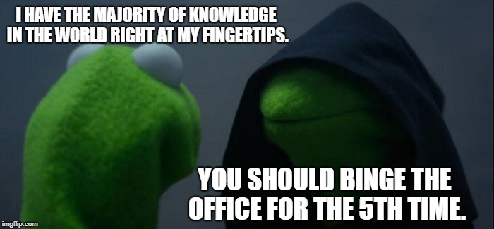 Evil Kermit | I HAVE THE MAJORITY OF KNOWLEDGE IN THE WORLD RIGHT AT MY FINGERTIPS. YOU SHOULD BINGE THE OFFICE FOR THE 5TH TIME. | image tagged in memes,evil kermit | made w/ Imgflip meme maker