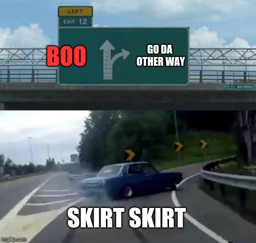 Left Exit 12 Off Ramp | BOO; GO DA OTHER WAY; SKIRT SKIRT | image tagged in memes,left exit 12 off ramp | made w/ Imgflip meme maker